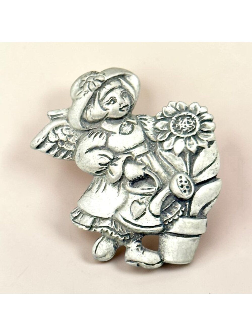 Vintage 1997 Angel Gardener Brooch Pin Sunflower Signed Seagull Pewter Canada